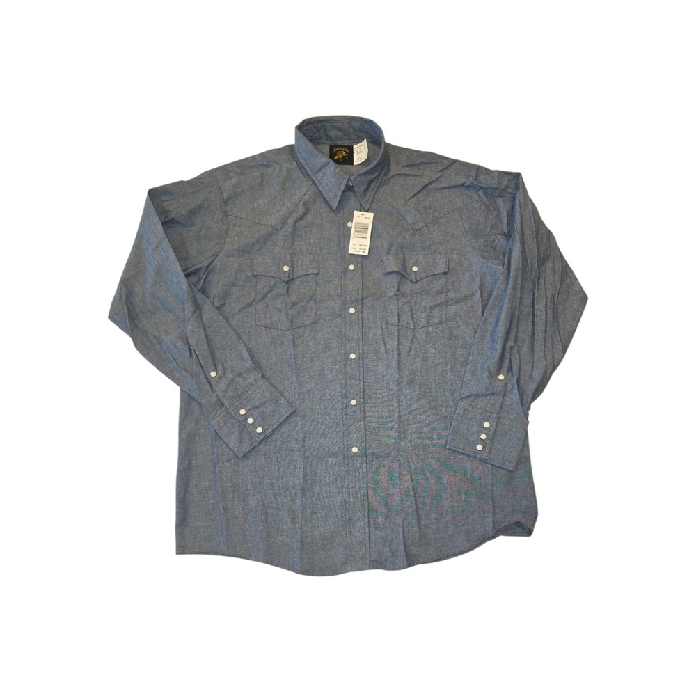 NWT Saddle King Western Shirt Mens 17.5 36 Blue Chambray Pearl Snap USA